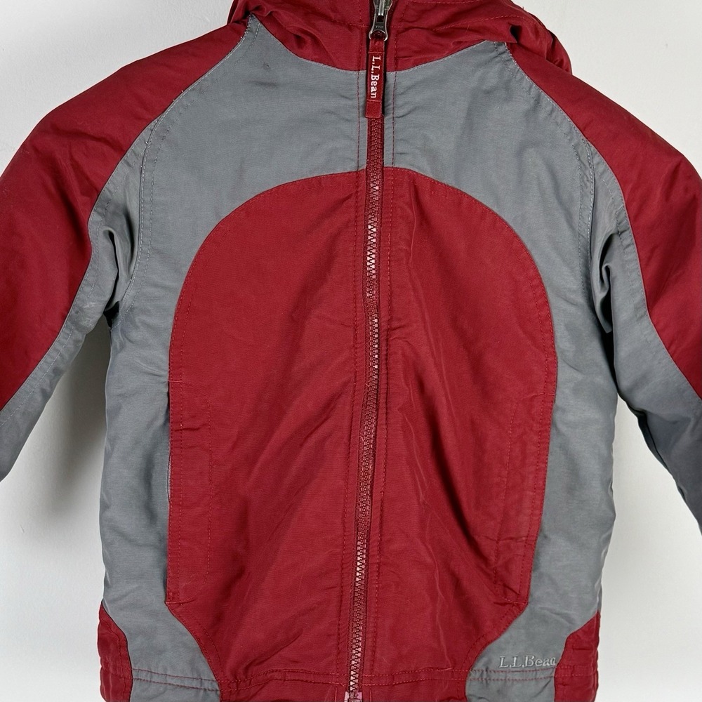 LL Bean Kids Winter Jacket Size 5-6 Red Gray Hooded Insulate